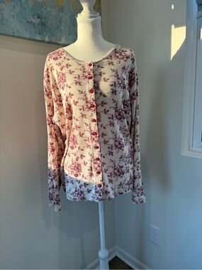 Vintage Cream/Pink Floral Button-Down Sweater Shirt Rhinestone Embellishment 20W